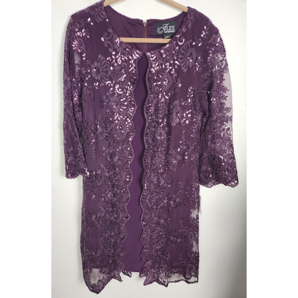 Alex Evenings Sz. 14 Short Embroidered Mock Sequin Jacket Dress In Eggplant NWT